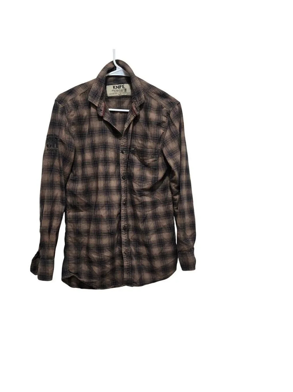 Knife Plaid Flannel Shirt Medium Brown Cotton Button Up